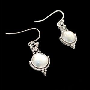 Faux Moonstone & Silver Tone Drop Earrings, Ornate Vintage Balinese Opal Style